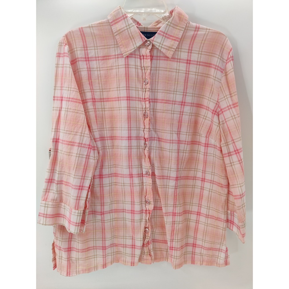 Karen Scott Womens XL Plaid Button Down‎ 3/4 Sleeve Roll Tab Shirt Top Blouse